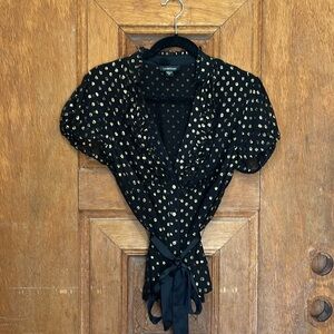 Bebe Button Up Blouse Medium Black metallic gold polka dots belted